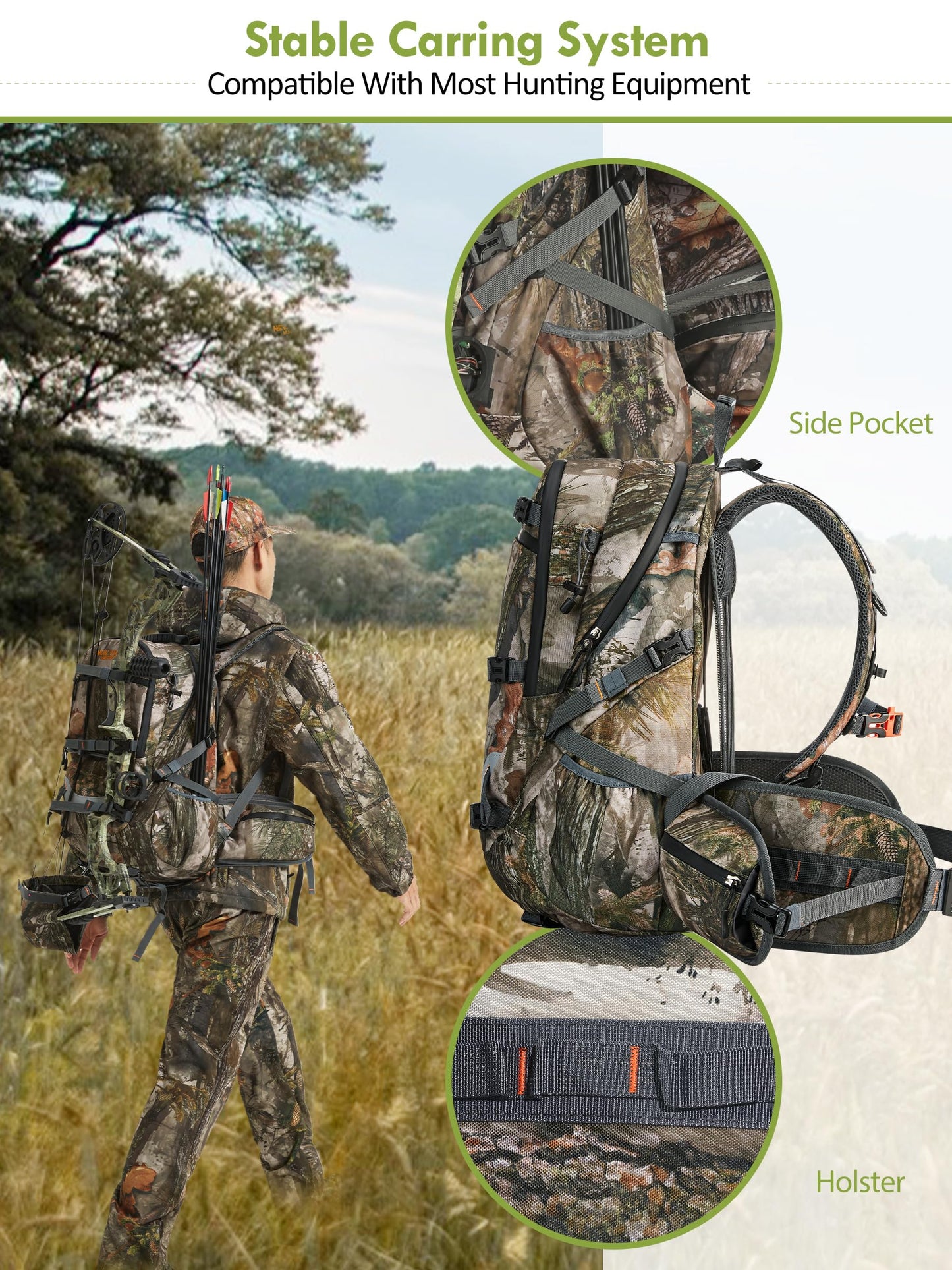 Camo Hunting Backpack for Men, 35L Durable Hunting Pack, 600D Daypack with Rain Cover, Interal Frame Support