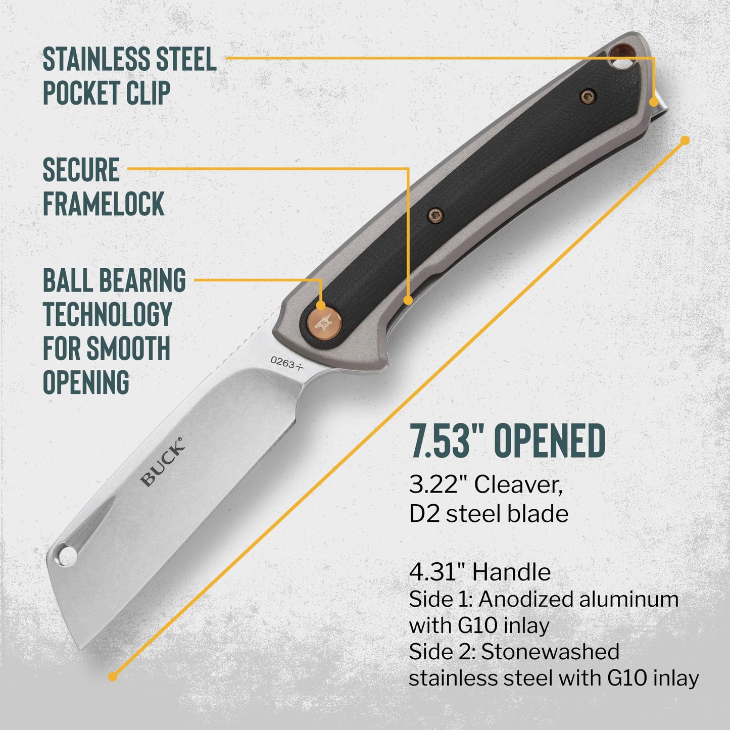 Buck Knives 263 HiLine Folding EDC Knife, 3.22” Pocket Knife Cleaver Blade, Aluminum Handle, D2 Steel Cleaver Folding Blade, Gray/Black, 3.88 oz