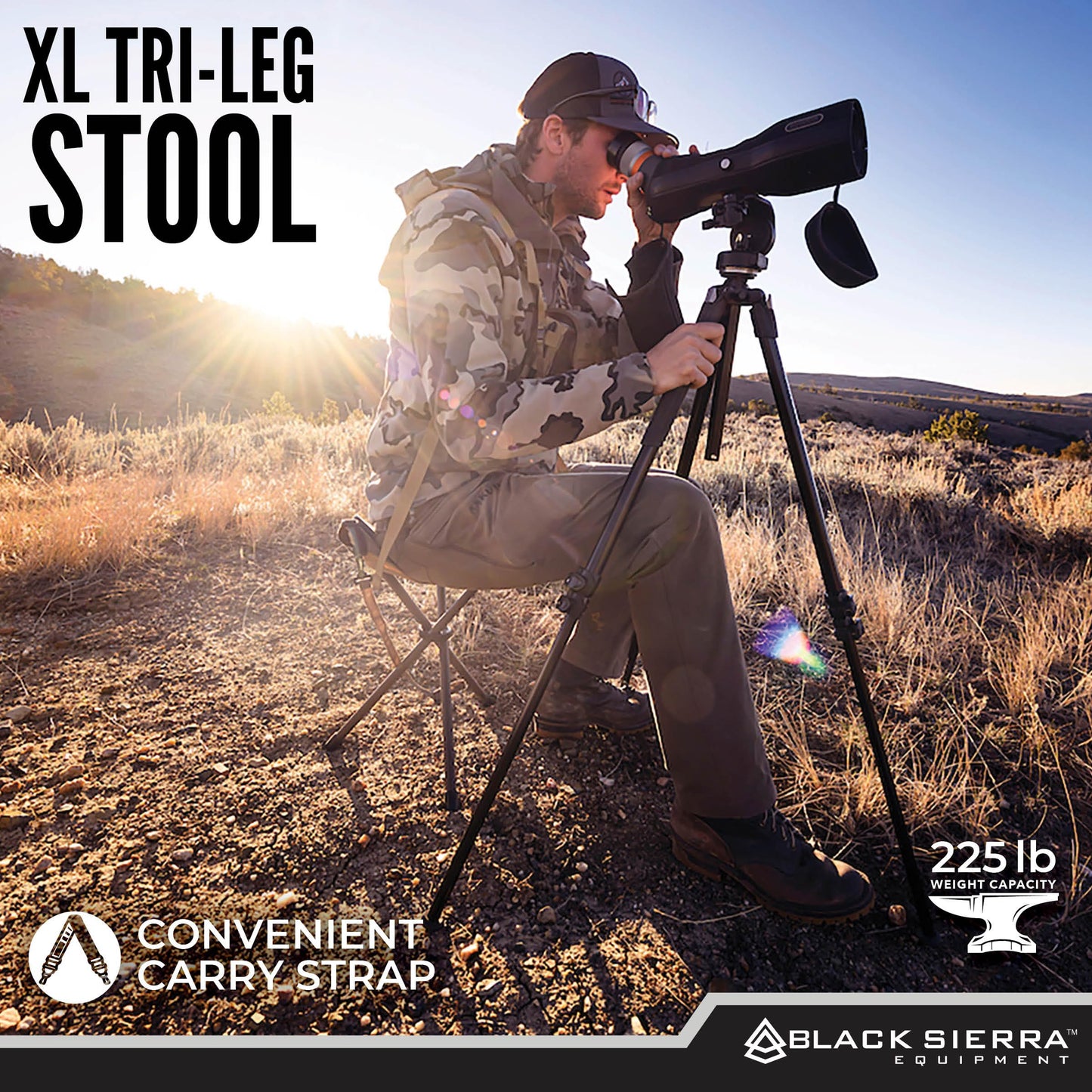 Black Sierra Folding Hunting Stool w/Shoulder Strap Supports 225 lbs, Lightweight Collapsible Tripod Seat, Foldable Steel Frame Chair Perfect for Hunting Blind, Fishing, Hiking, Travel