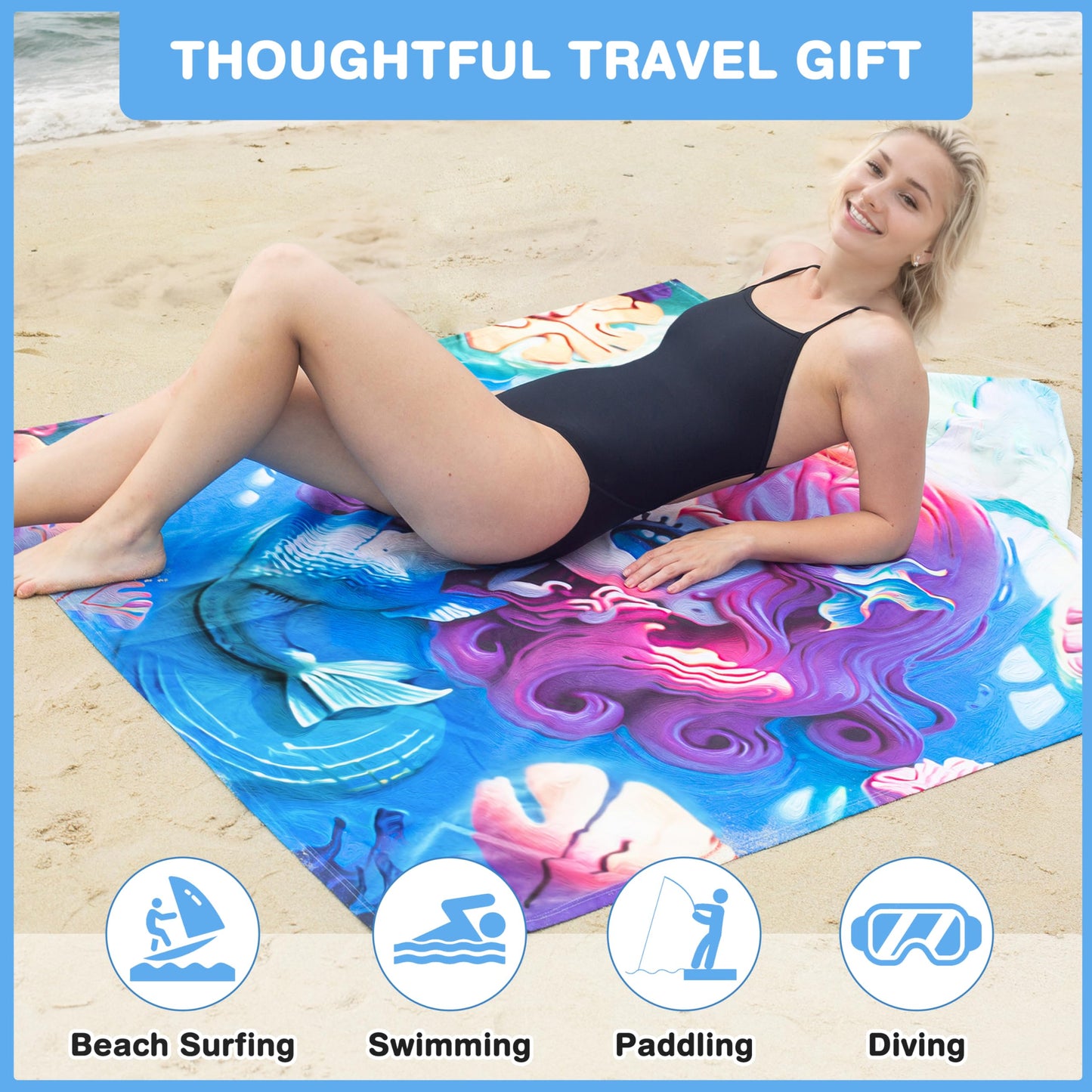 Tirrinia Lightweight Beach Poncho Towel with Hood for Adult Quick Dry Travel Surfer Pool Camping Beach Accessories Vacation Essential summer, Microfiber Sandproof Women Men Adult Gift Mermaid