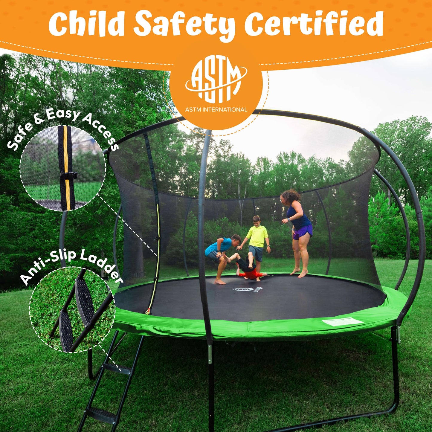 JUMPZYLLA Trampoline Outdoor 8FT 10FT 12FT 14FT 15FT 16FT with Enclosure and Ladder, ASTM Approved Recreational Trampoline for Kids and Adults, Anti-Rust Coated Frame (Green, 16FT)