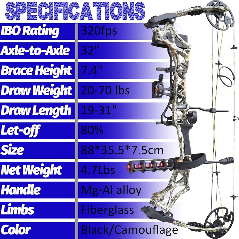 Archery Compound Bow Set - 20-70 LBS Adjustable Draw Length 19"-31" | Complete Hunting Accessories for Target Shooting