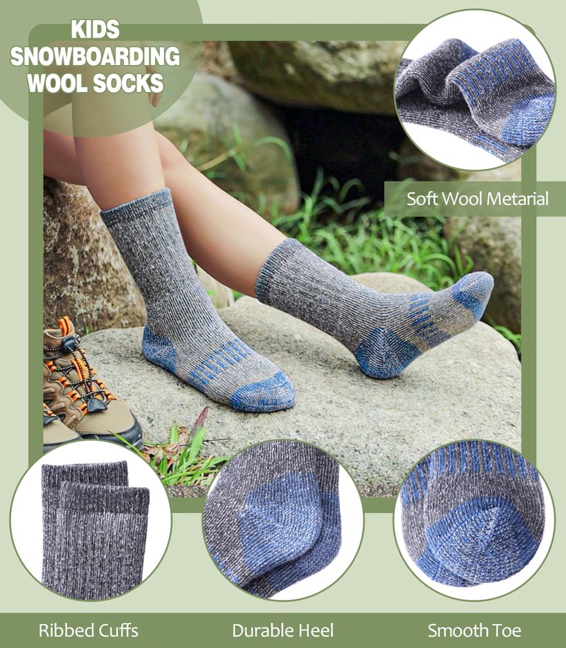 LANLEO Kids Merino Wool Hiking Socks Boys Girls Winter Thermal Warm Thick Cozy Cushion Boot Crew Socks 3 Pairs Hiking Socks Blue,4-7 Year Old