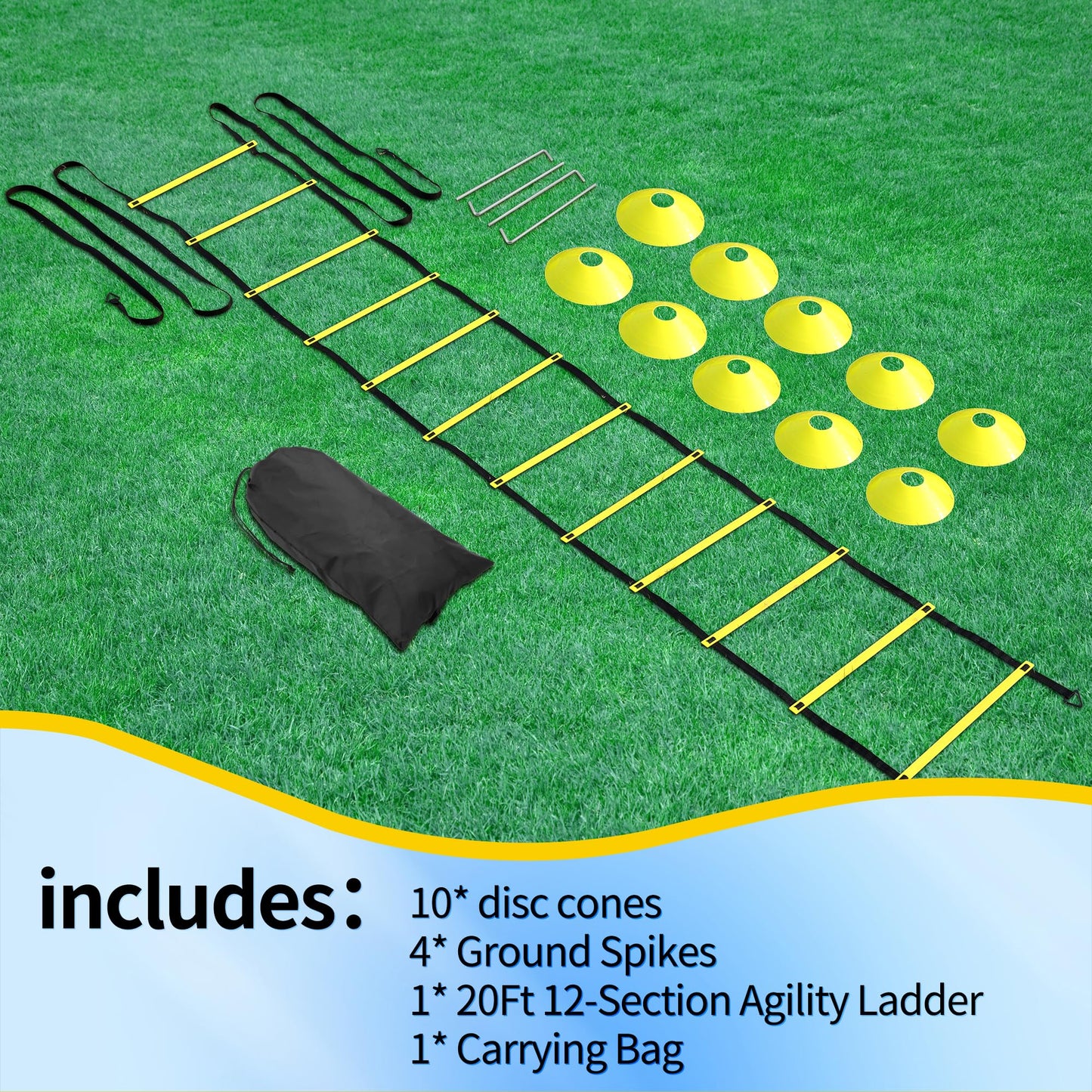 yoopin Agility Ladder Speed Training Equipment Set, 12 Rung 20ft Agility Ladder with Accessories, Football Training Equipment, Ground Footwork Training Equipment, for Soccer Player Training.