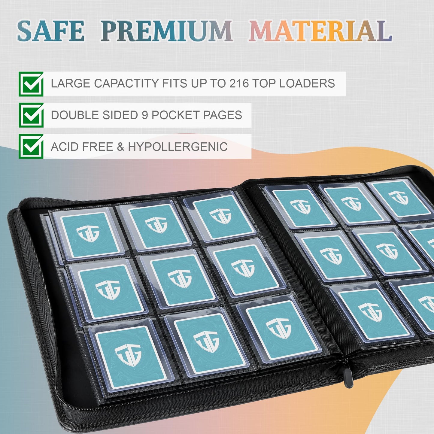 TCGUARD Toploader Binder,Holds 216 Toploaders,9 Pocket Top Loader Binder with Sleeves for 3"x4" Rigid Toploaders Hard Cases,Top loader Binders for TCG, MTG Card Binder, Trading Cards Binder(Black)