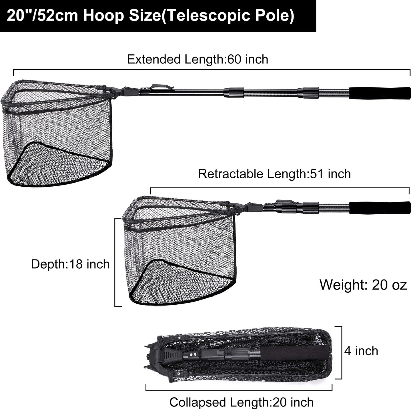 PLUSINNO Fishing Net Fish Floating Landing Net, Kayak Nets with Fixed Foldable Telescopic Pole Handle,Bass Trout Fishing Nets with Nylon Mesh for Pond Lake River,Fishing Gear Gifts for Men,Black 1.5M