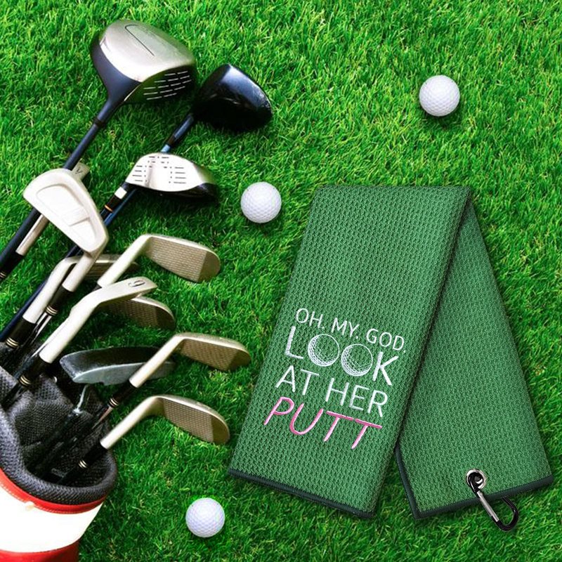 DYJYBMY Oh My God Green Golf Towel with Clip, Embroidered Sports Towels for Golf Lovers, Funny Golf Accessories for Men Women, Birthday Retirement Golfing Gifts for Golfer Mom Dad Family Friend