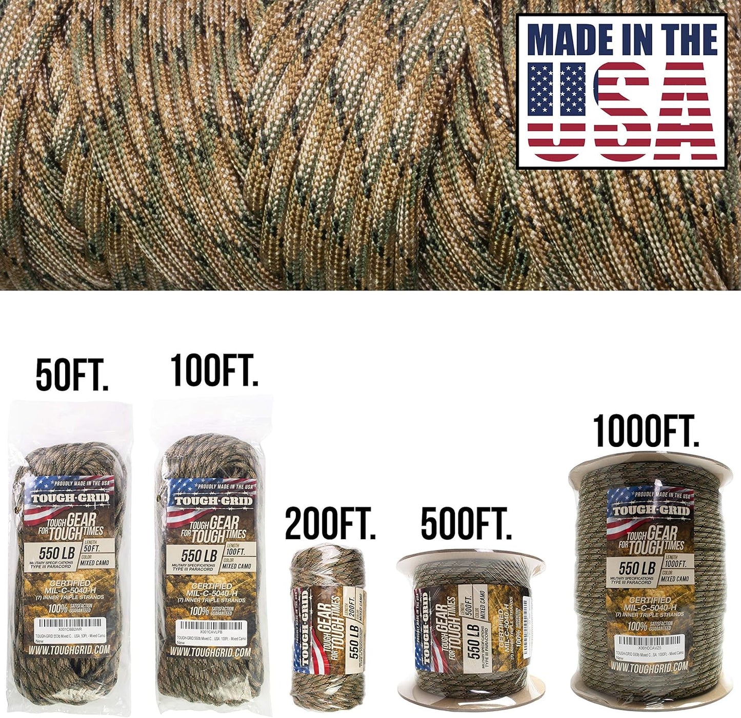 TOUGH-GRID 550 Paracord Rope - Durable Nylon Survival Cord for Camping & Tactical Gear | Made in USA