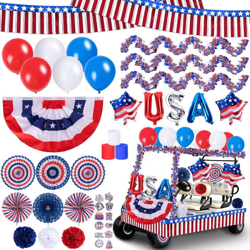106 Pcs 4th of July Golf Cart Decorations Kit, Patriotic Parade Car Decoration, Red White Blue Tinsel Garlands, Pleated Fan Flag, Paper Fans, Pom Poms, Balloons for Independence Day Memorial Day
