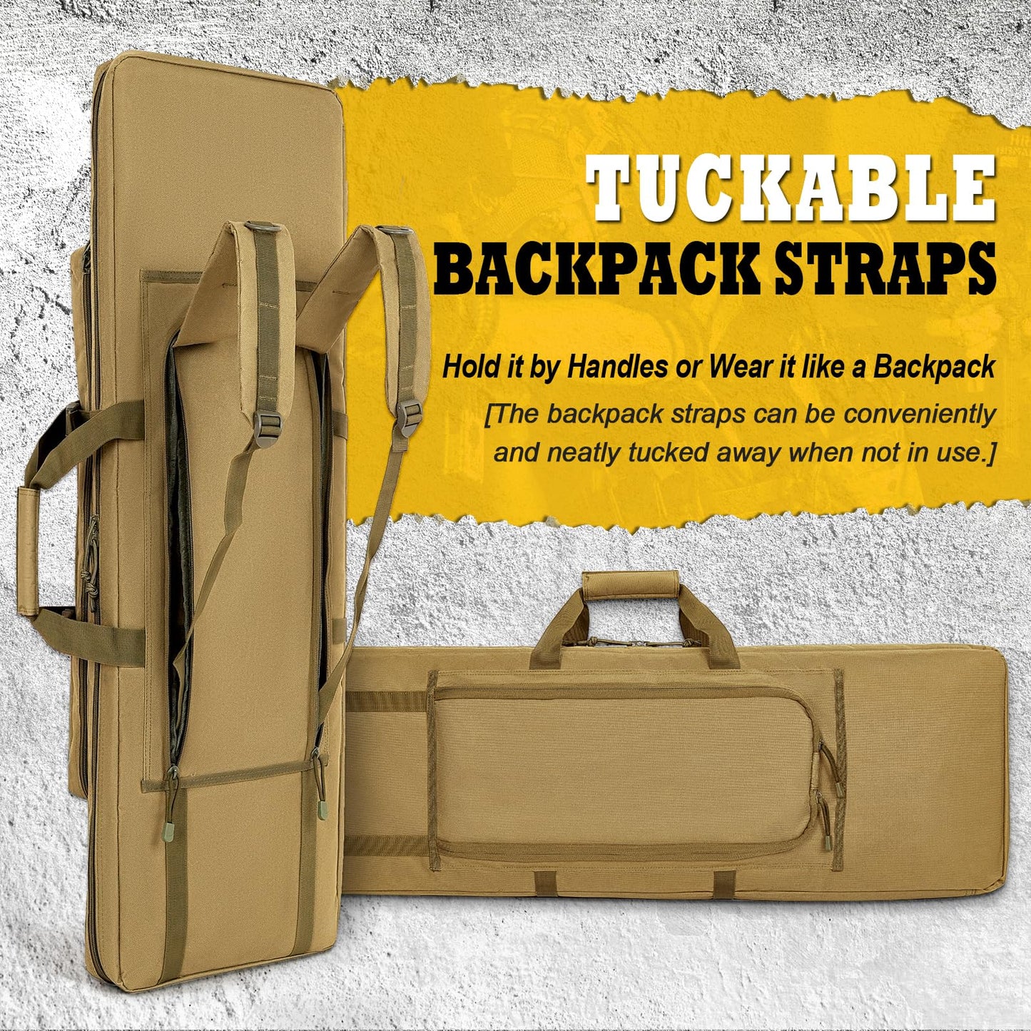 DULCE DOM Double Rifle Case, Soft Tactical Backpack for Hunting Shooting Range, Dual Storage Gun Bag for 2 Rifles & Pistols with Lockable Zippers & MOLLE System(Khaki, 42", Stowaway Backpack Straps)