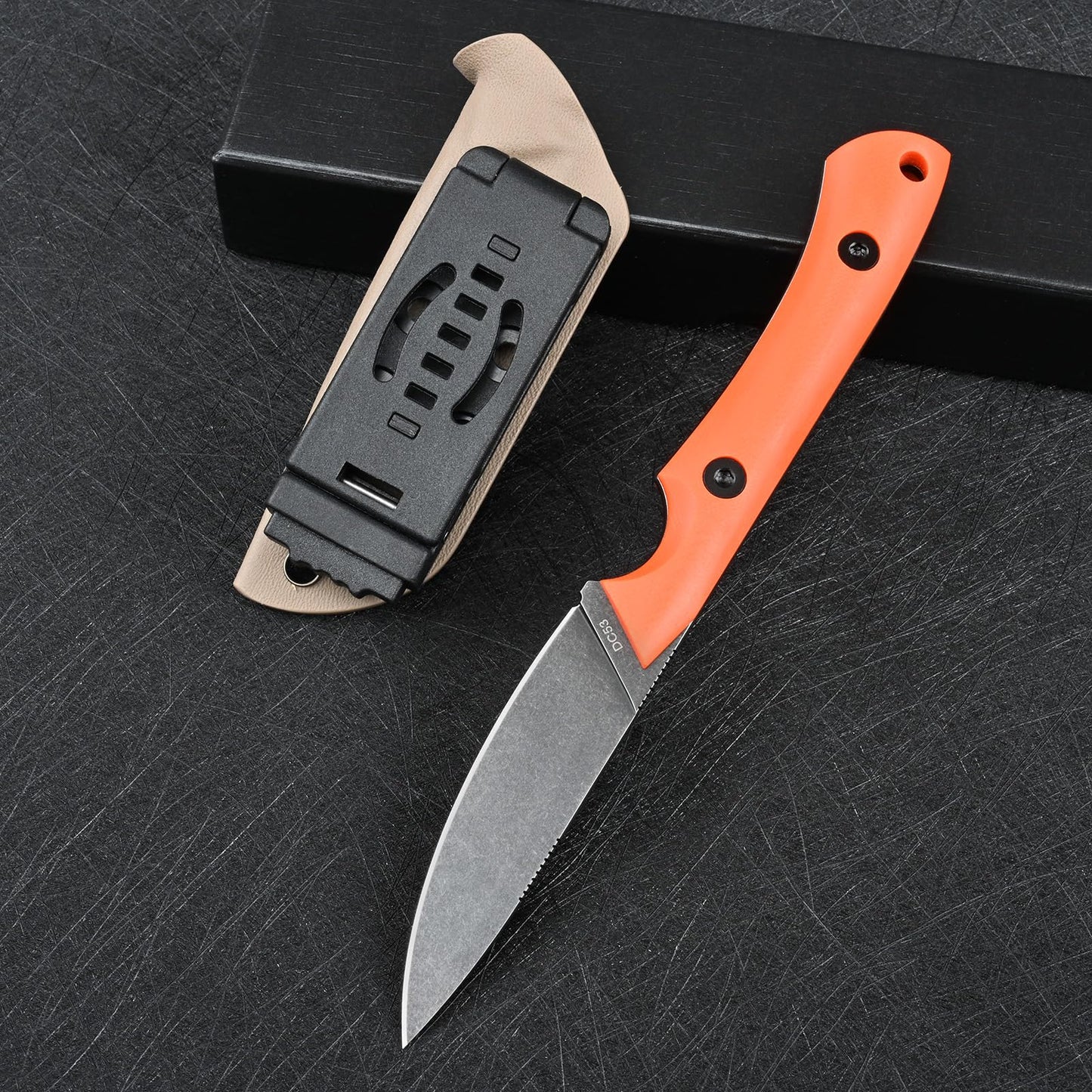 SDOKEDC Knives DC53 Steel Tactical Fixed Blade Knife with kydex sheath for Men EDC Outdoor Camping Survival Hunting (Black+G10 Orange)