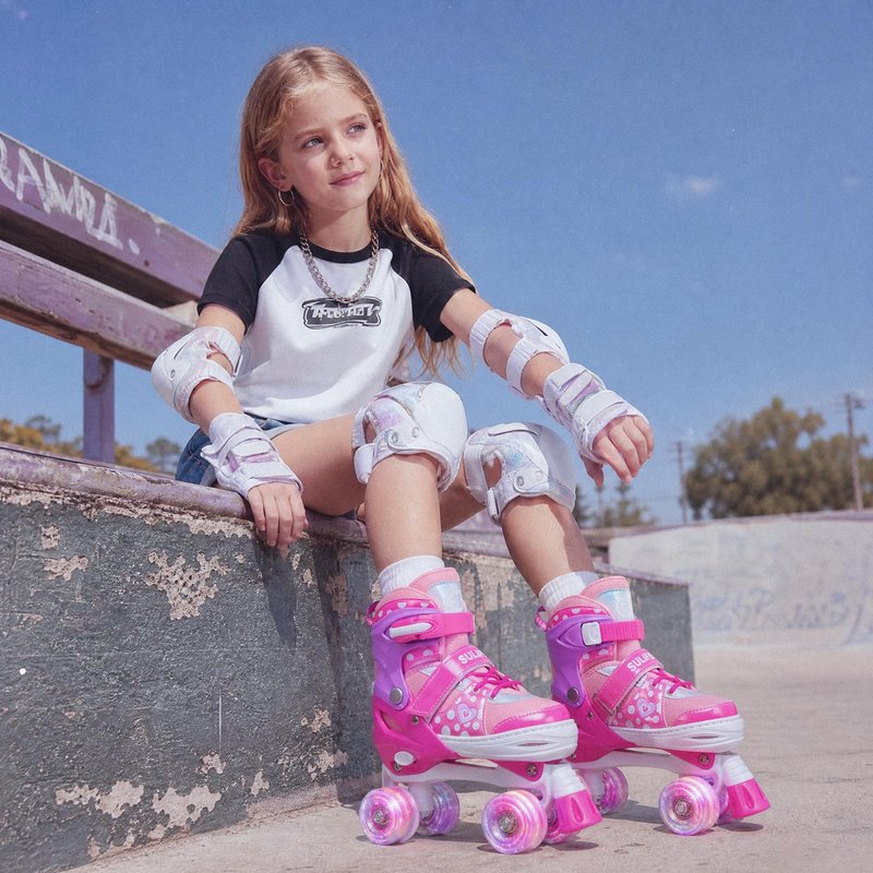 SULIFEEL Roller Skates for Girls Ages 3-12, 4 Sizes Adjustable Kids Quad Skates with Light up Wheels-Birthday Gift for Indoor Outdoor Sports