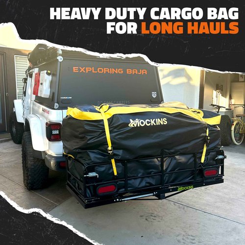 Mockins 30 CuFt Trailer Hitch Cargo Carrier Bag | 60"x24"x36" Weatherproof Cargo Bag for Hitch Carrier | Waterproof Truck Bed Storage | Vinyl Vehicle Soft Shell Carriers Set for Road Trips & Camping