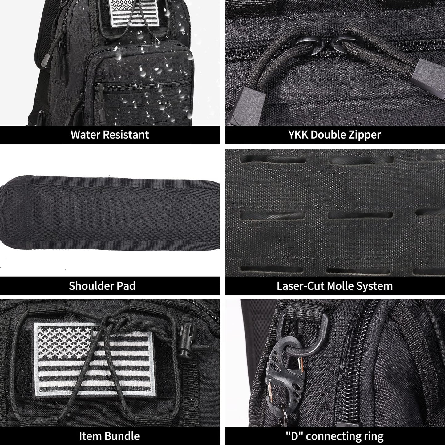 BOMTURN Tactical Backpacks Sling bag -1000D Waterproof Military Backpack // Molle System Chest Bag // CCW Bags Outdoor Shoulder Bag with USA Flag Patch for Every Day Carry CP