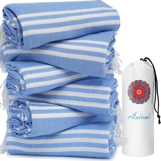 Turkish Beach Towels - 6 Pack Quick Dry, Sand Free, Soft & Absorbent | Lightweight Travel Towels in Blue