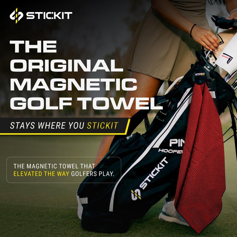 STICKIT Magnetic Golf Towel - Ultra-Absorbent with Waffle Weave Microfiber - Golf Towel with Magnet for Bags, Clubs & Carts - Removes Dirt, Grass, & Debris from Club Face - 29” x 29” (Black)