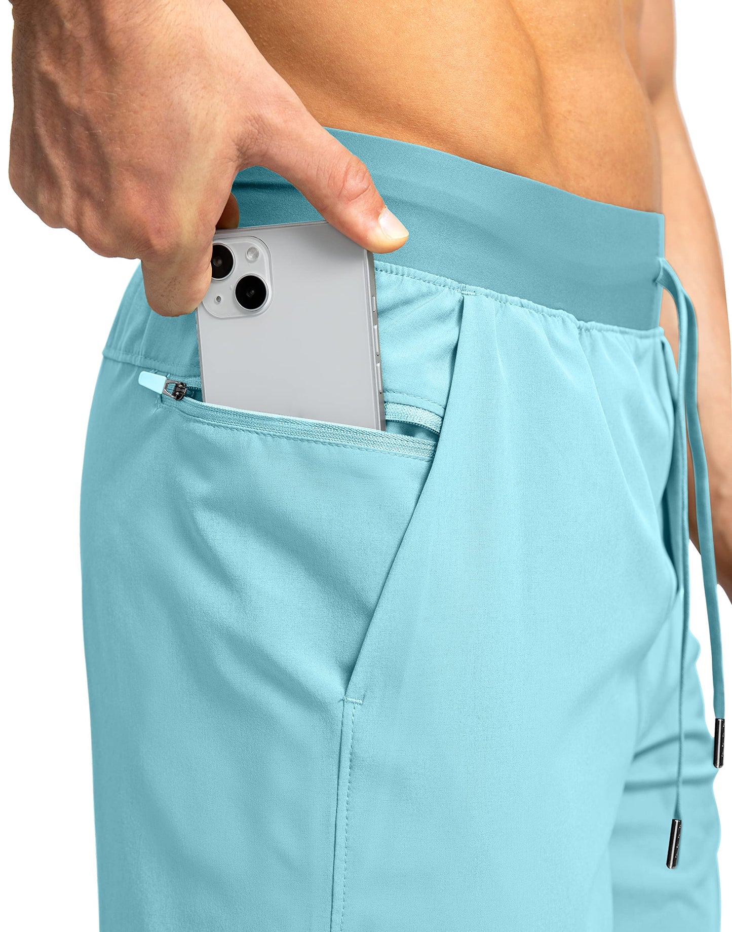 Soothfeel Men's Running Shorts with Zipper Pockets 7 Inch Lightweight Quick Dry Gym Athletic Workout Shorts for Men (Light Blue, 3XL)