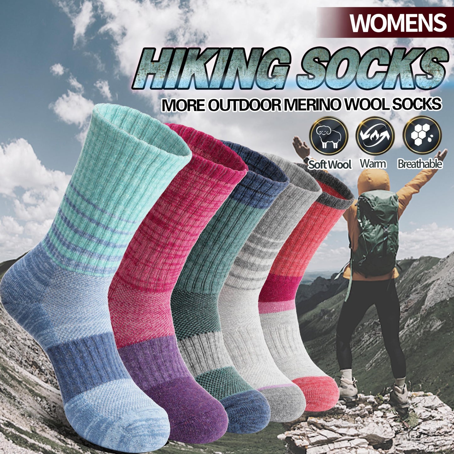 Anlisim Merino Wool Hiking Socks for Women Thermal Winter Warm Thick Work Cushion Gifts Socks 5 Pairs Stocking Stuffers(Tie-dye,L)