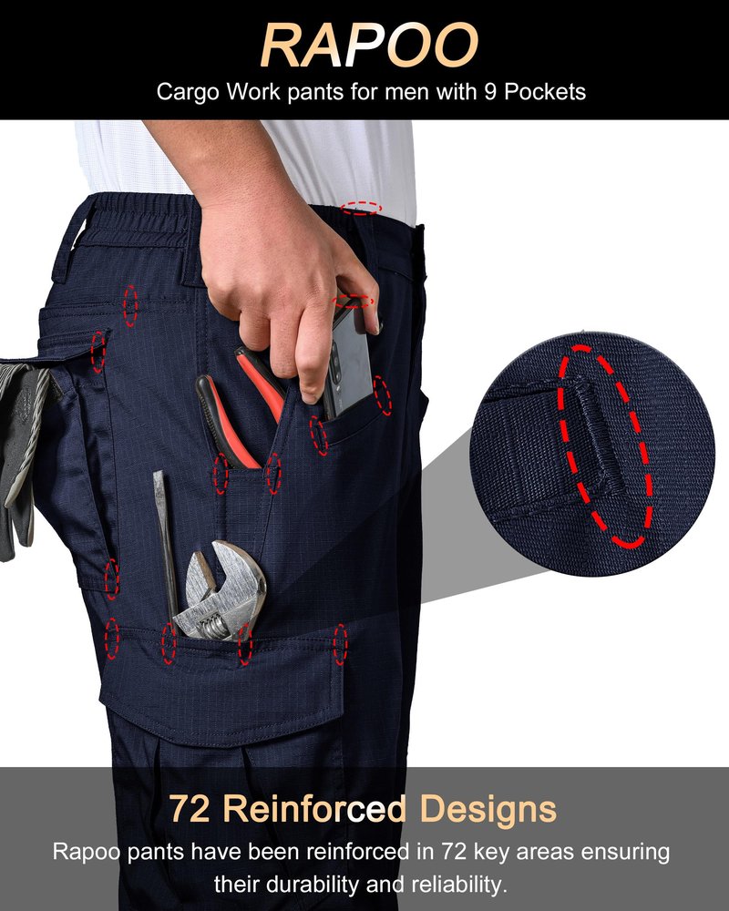 Rapoo Cargo Pants for Men Waterproof Hiking Work Tactical Military Army Pants for Men with Pockets Mens Ripstop Construction Carpenter Hunting Pants Outdoor Navy 34Wx32L