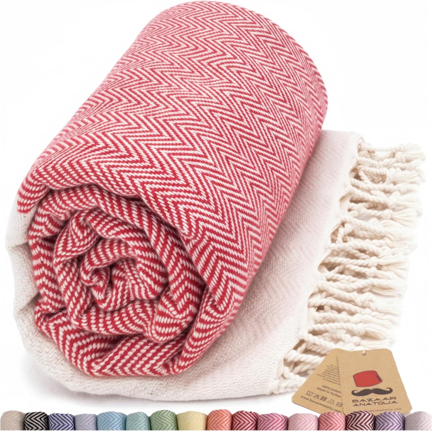 Turkish Beach Towel - 100% Cotton Quick Dry & Sand Free | Large Herringbone Red 71x39