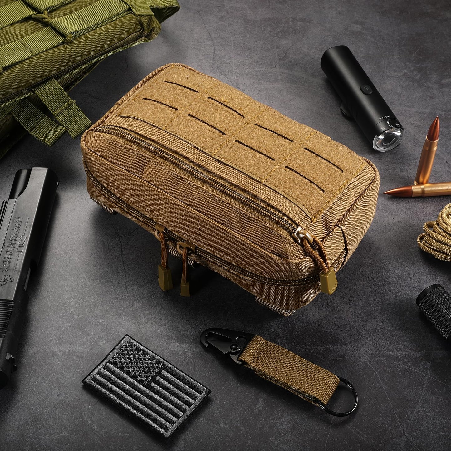 FRTKK Tactical Molle Admin Pouch Utility Laser Cut EDC Tool Pouch Bag Horizontal Modular Pouches Include US Flag Patch and Keychain