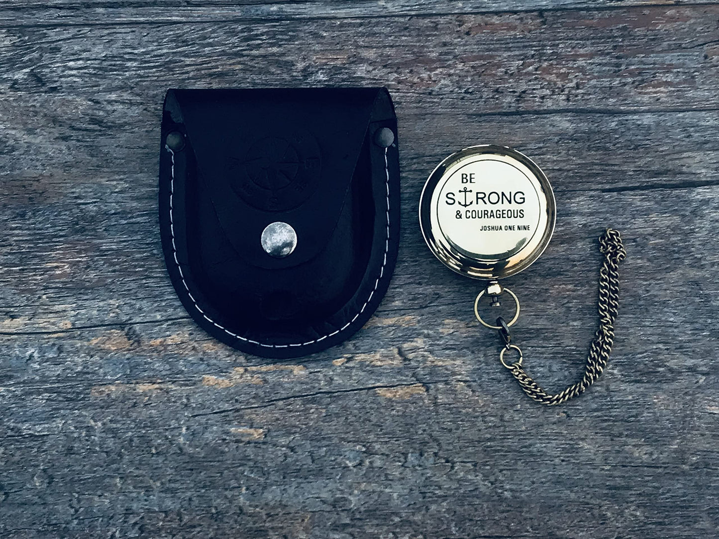 KNB HANDICRAFT Brass Engraved Pocket Compass with Leather Case | Be Strong and Courageous Gift Compass, Push Button 5 cm Confirmation Ideas, Baptism Gifts