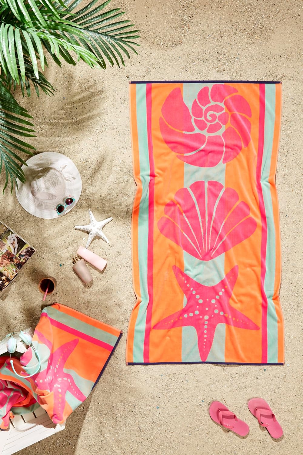 Ozdilek Luxury Turkish Cotton Beach Towel | Oversized Quick-Dry Velour, Sunset Seashell Design, Eco-Friendly 34x64