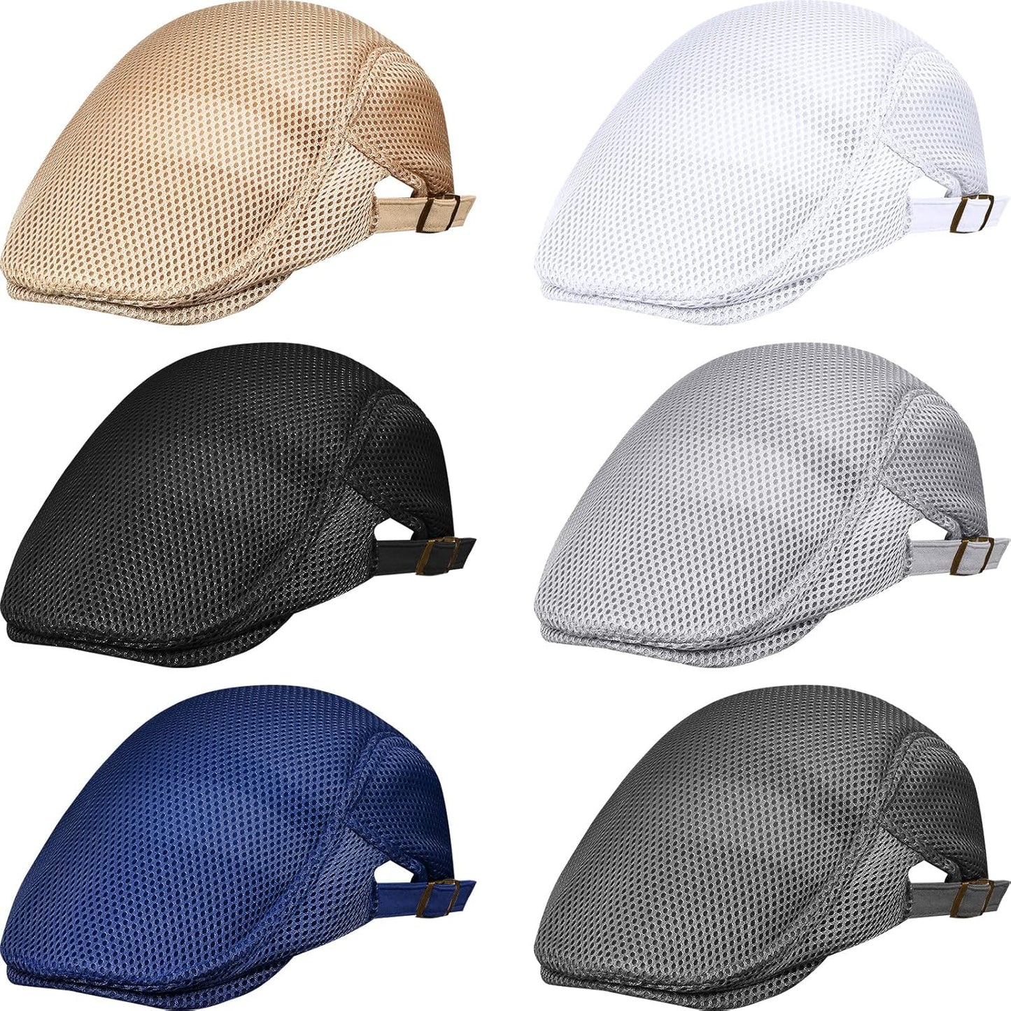 Men's Mesh Flat Cap - Breathable Summer Newsboy Hat | Adjustable Cabbie Driving Cap - 6 Pcs Set