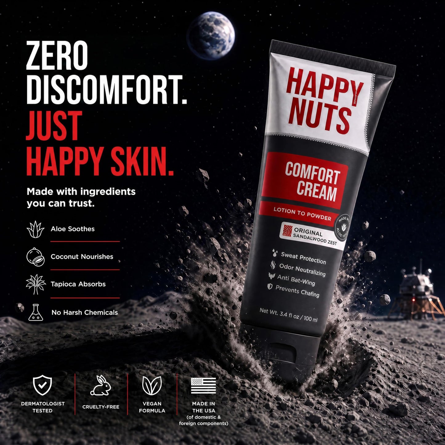 HAPPY NUTS Comfort Cream Deodorant For Men: Anti-Chafing Sweat Defense, Odor Control, Aluminum-Free Mens Deodorant & Hygiene Products for Men's Private Parts 3.4 Fl Oz (2 Pack), Fragrance-Free