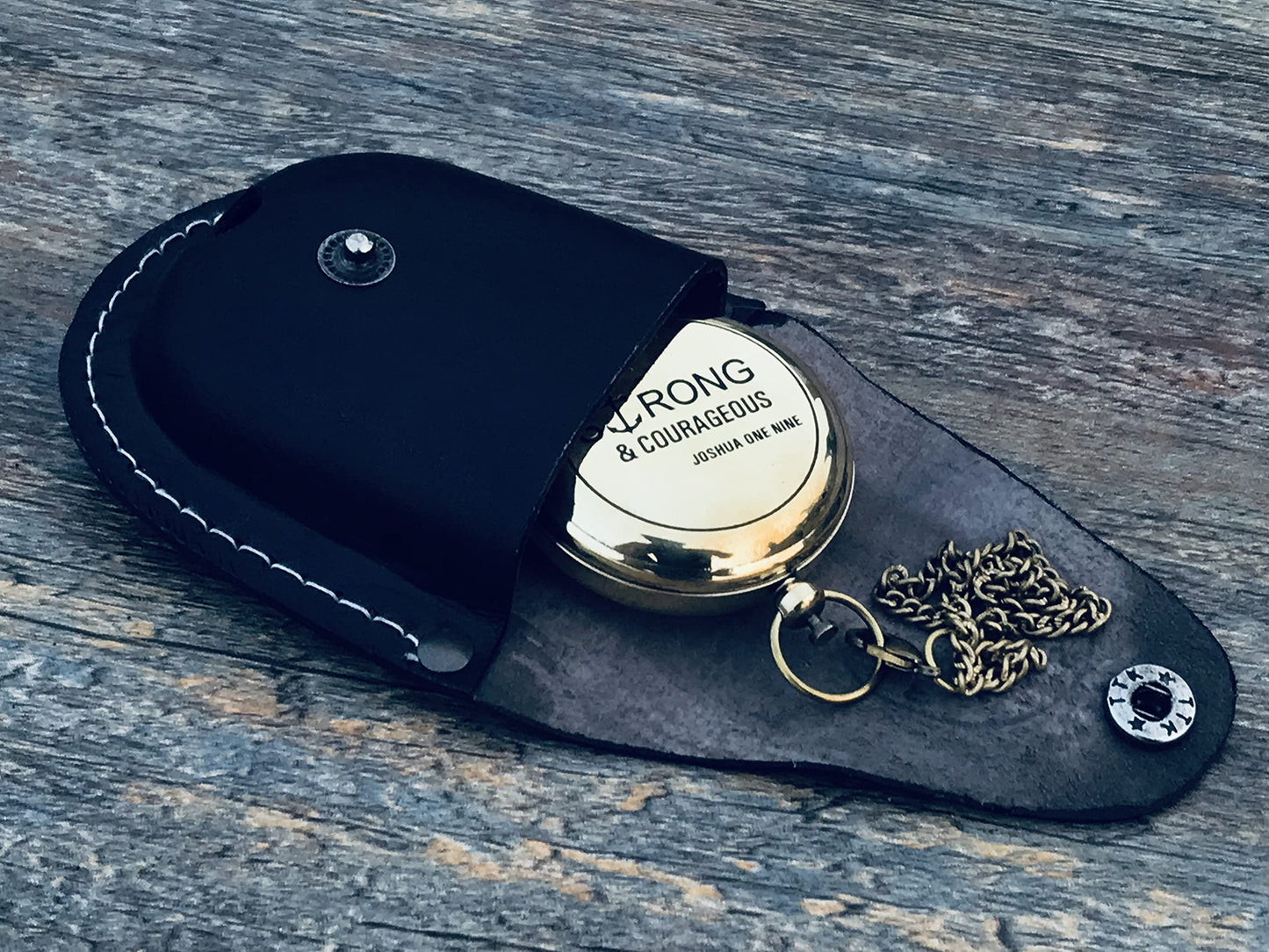KNB HANDICRAFT Brass Engraved Pocket Compass with Leather Case | Be Strong and Courageous Gift Compass, Push Button 5 cm Confirmation Ideas, Baptism Gifts