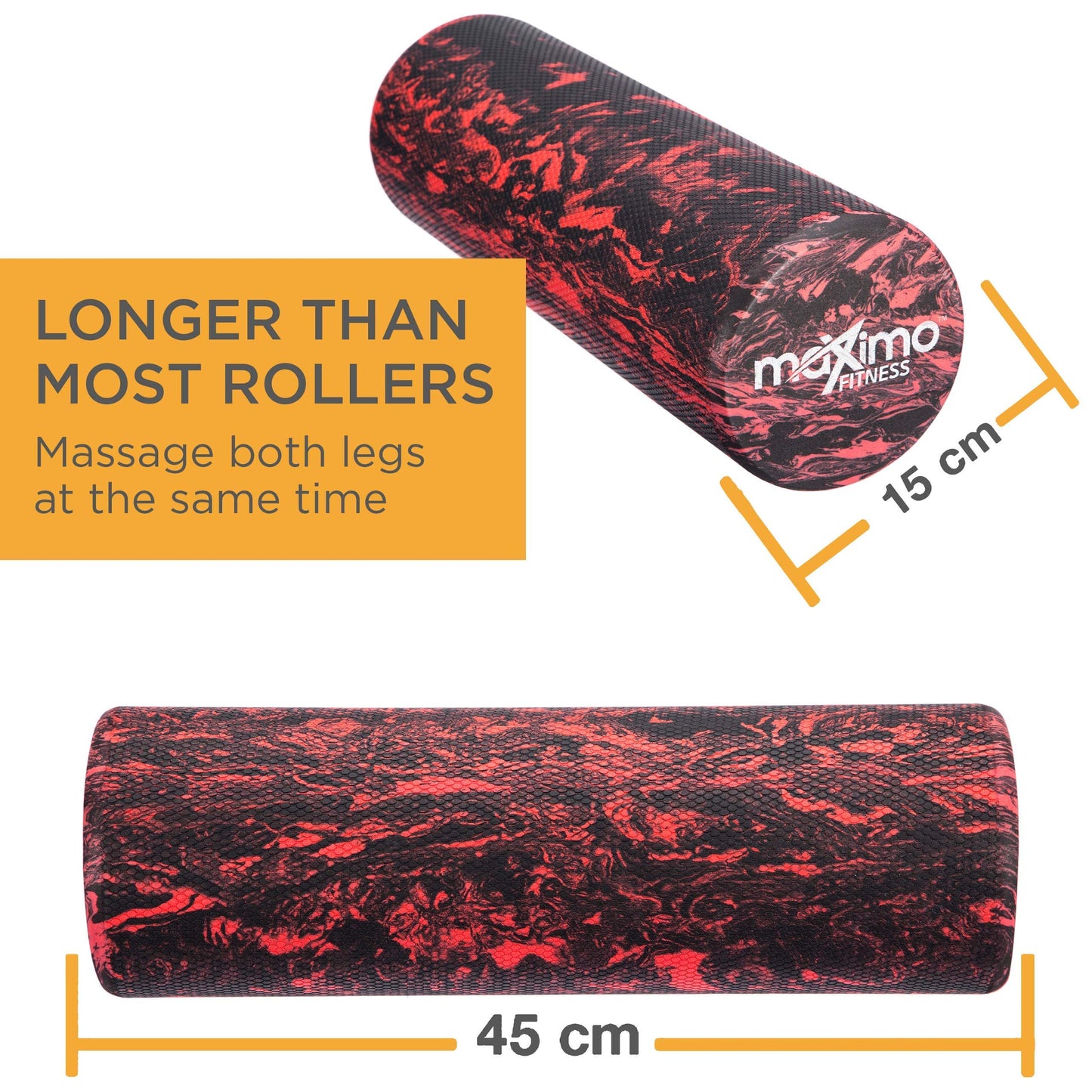 Maximo Fitness Foam Roller - 18" x 6" High Density Exercise Roller for Trigger Point Self Massage, Muscle and Back Roller for Fitness, Physical Therapy, Yoga and Pilates, Gym Equipment, Red/Black