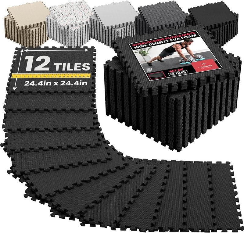 Gym Mats Set - 12 Pcs EVA Interlocking Foam Floor Tiles | 48 Sqft Protective Flooring for Home Workout & Exercise