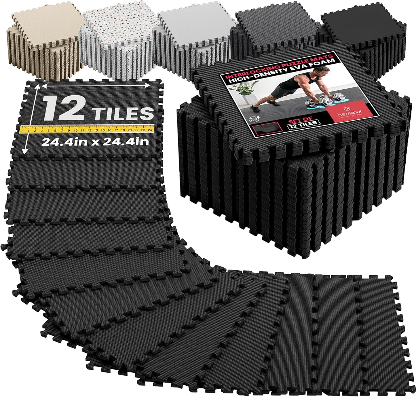 Gym Mats Set - 12 Pcs EVA Interlocking Foam Floor Tiles | 48 Sq Ft Protective Flooring for Home Workout & Exercise