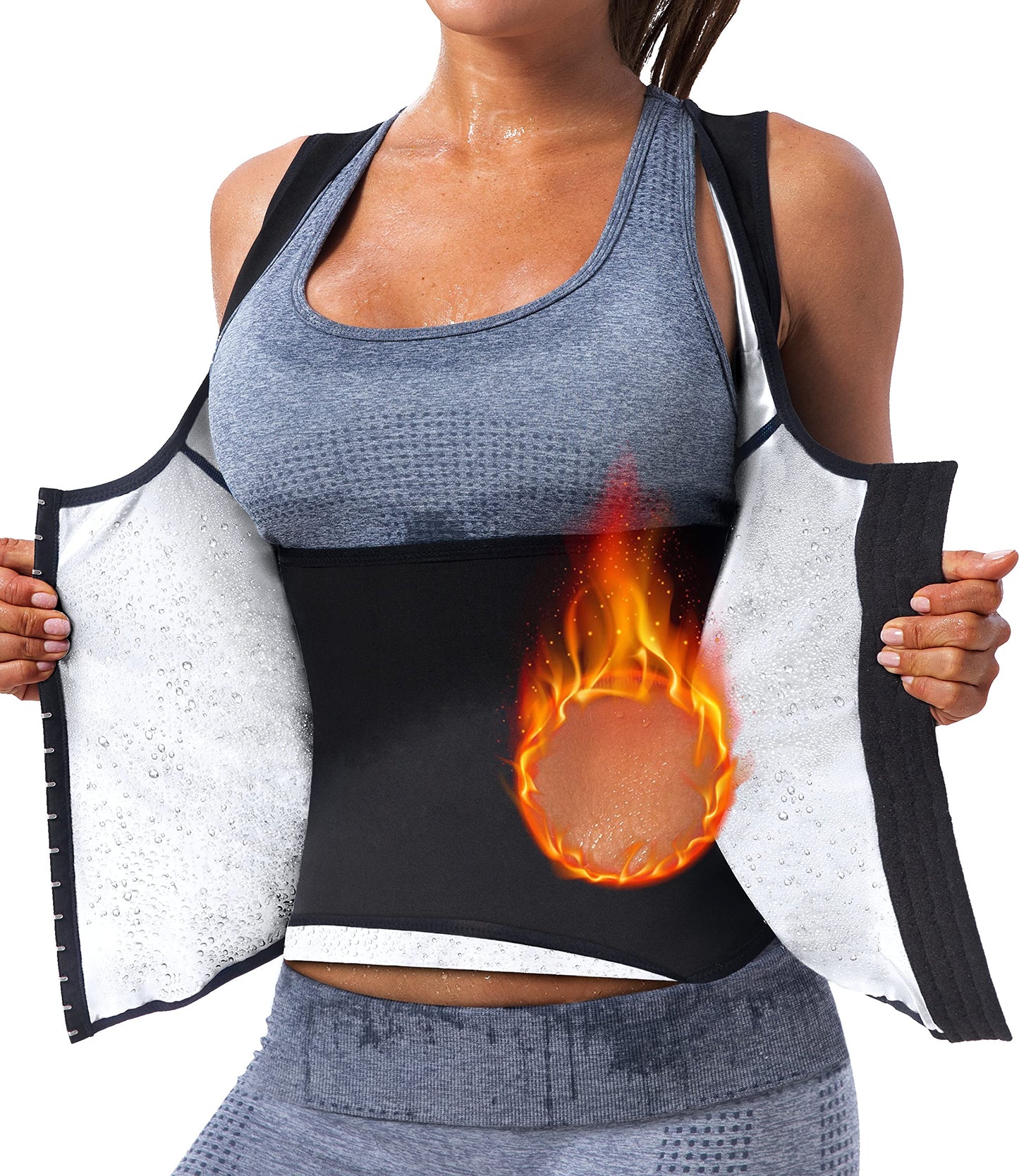 Women Sauna Vest Sweat Tank Top Waist Trainer Workout Slimming Shirt Compression Top Heat Trapping Suit Gym Sauna Jacket Exercise Bodyshaper Girdle Corset(TBH2003-07-XXL)
