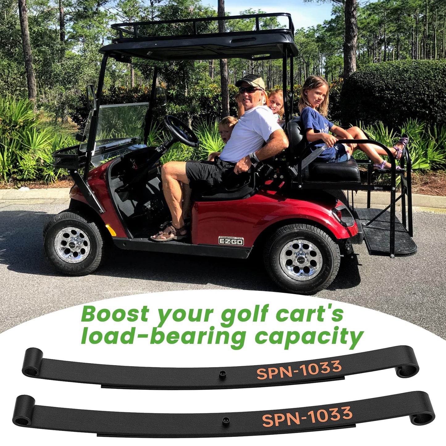 10L0L Heavy Duty Tapered Rear Leaf Springs Kit (2-Leaf) for EZGO RXV 2008-2013 - Includes Bushings, U-Bolts, Nuts, Sleeves - OEM 603498 604494