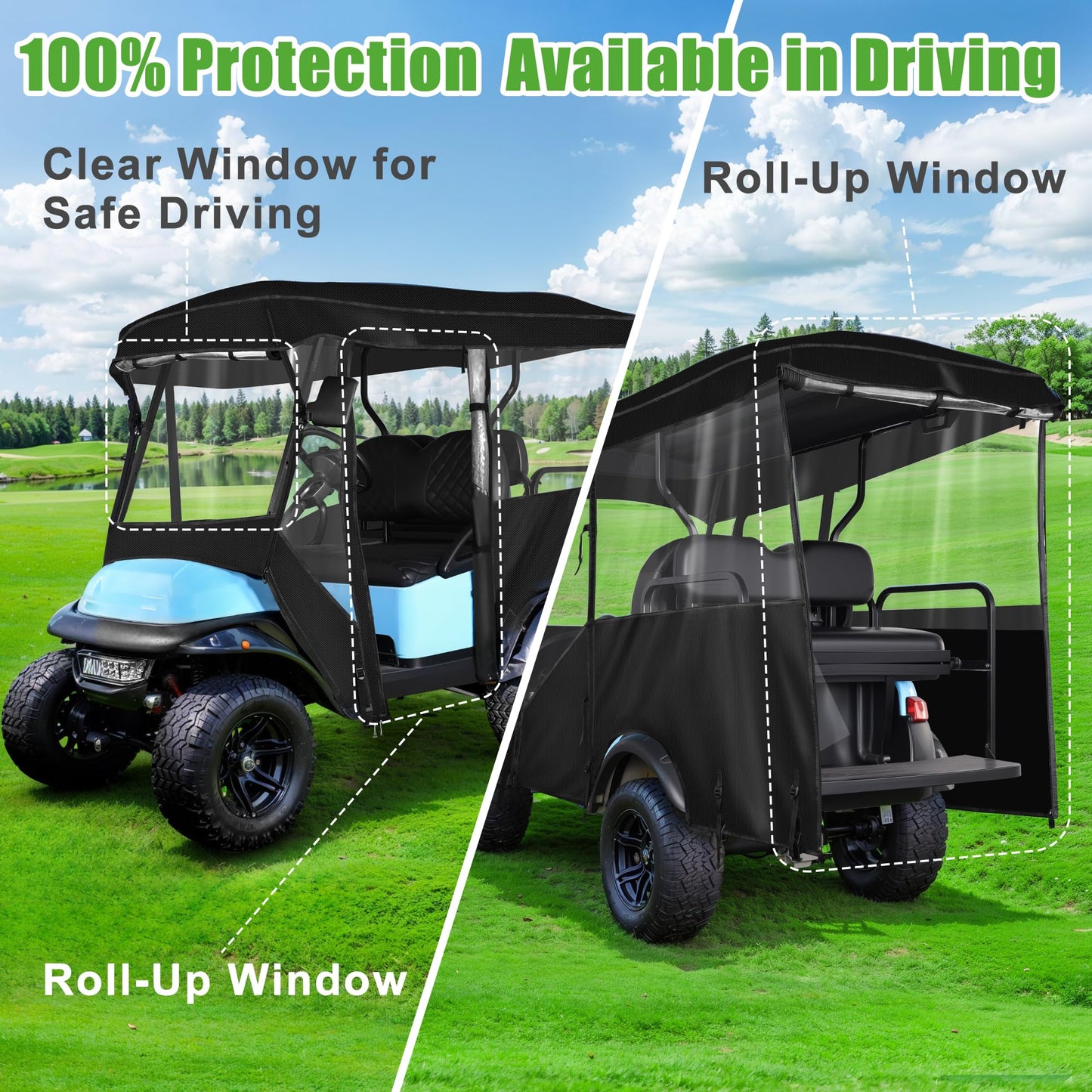 10L0L Golf Cart Enclosure 4 Passenger Universal Rain Cover, 600D Waterproof Driving Enclosure for Club Car EZGO RXV TXT Yamaha, 93.7 Inch Roof (93-3/4")