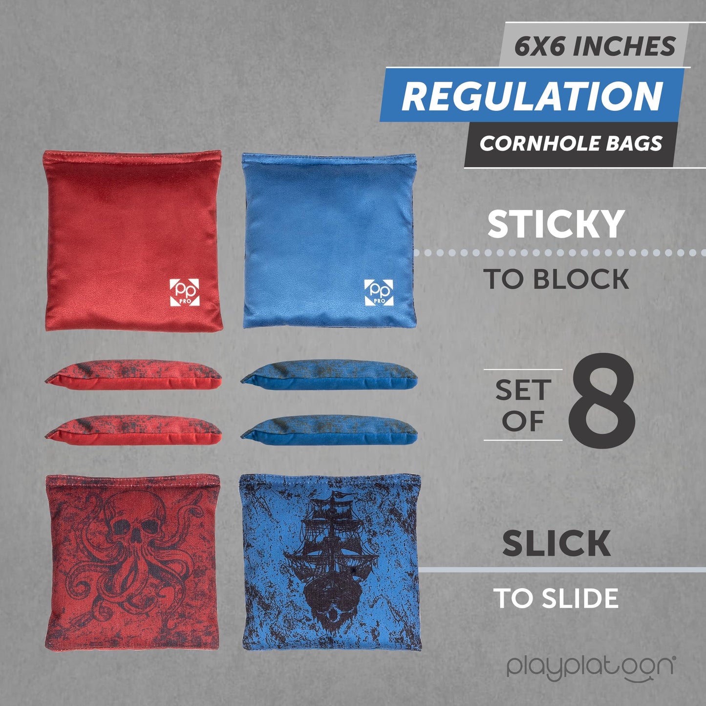 Play Platoon Professional Cornhole Bags Set of 8 - Regulation All Weather Double Sided Pro Corn Hole Bags - Sticky Side/Slick Side for Pro Cornhole Game - Red/Blue Kraken Pirate