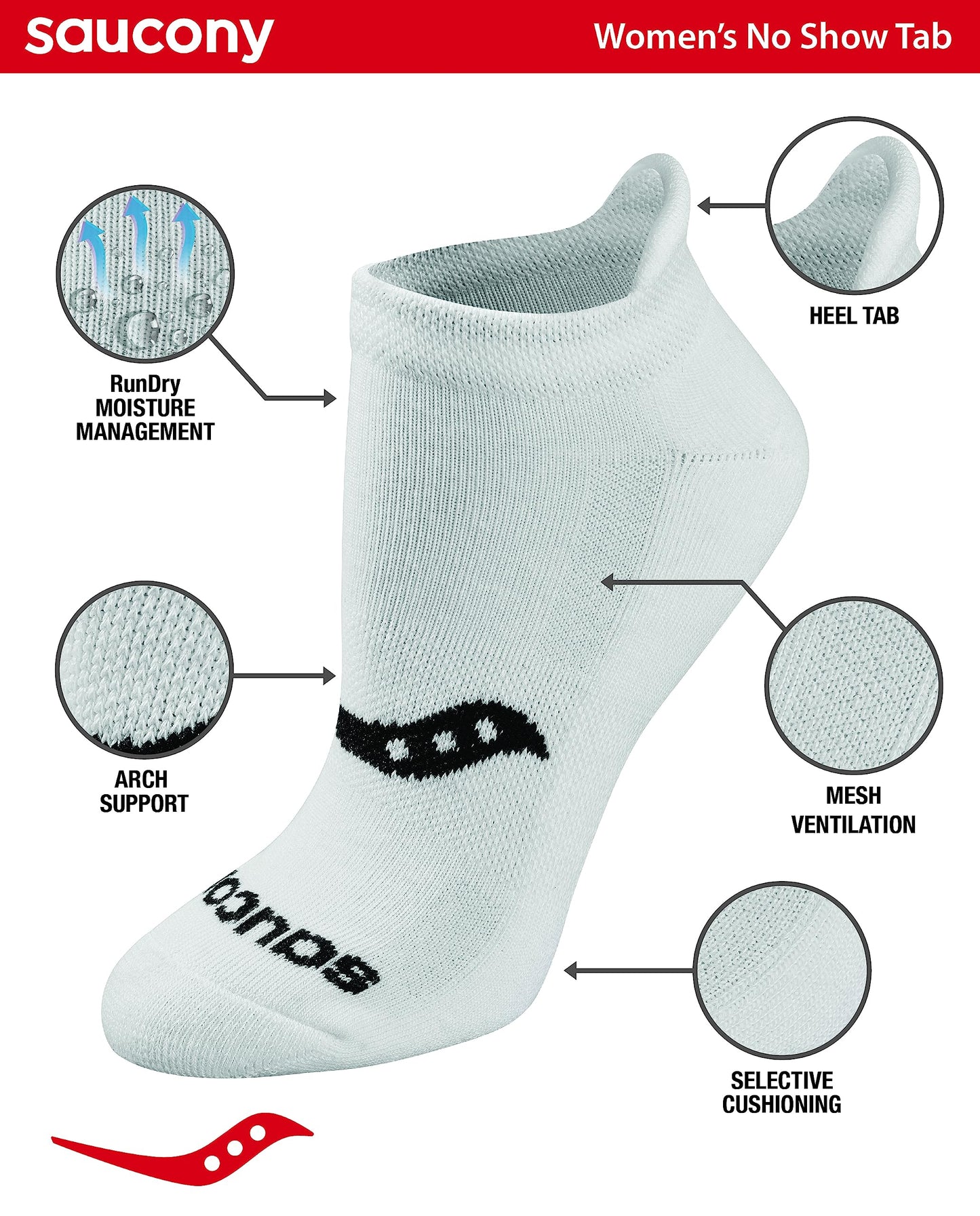 Saucony Women's RunDry Performance 8, 16 Pairs Heel Tab Athletic Socks, S-L, Basic White (16 Pairs), Small