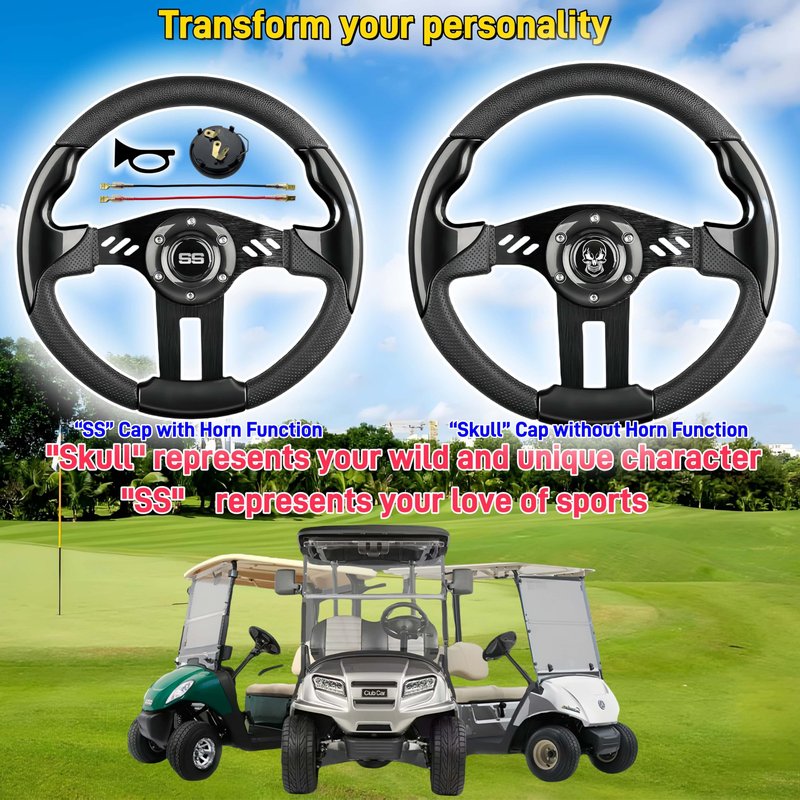 WUKO HUNT Luxury Style Golf Cart Steering Wheel - With Horn Button, with Premium Grip Leather and Ergonomic Design, Fit EZGO TXT/RXV/Club Car DS/Precedent/Yamaha Most Golf Carts (Black-Skull/SS)