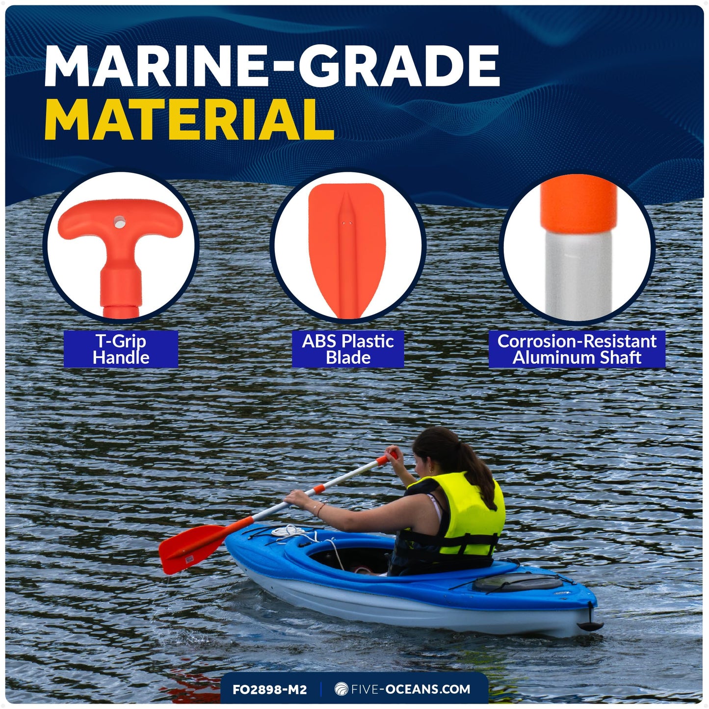 Five Oceans Boat Paddle, 2-Pack Telescoping Paddle, Orange, Aluminum Shaft, ABS Blade & Handle, 21" to 42" Extendable, Emergency & Boat Hook Function - FO2898-M2