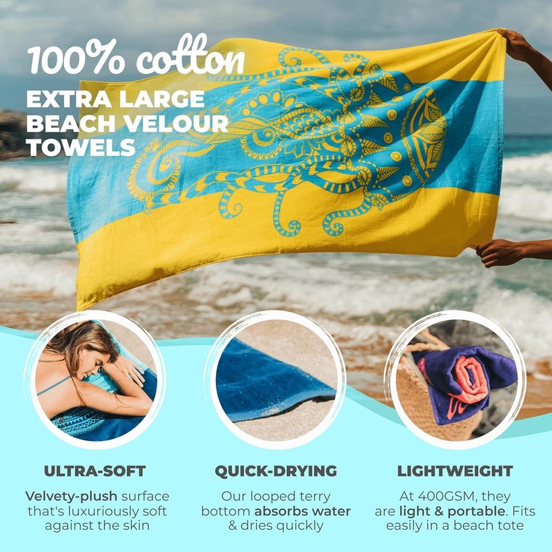 Extra Large Nova Blue Jellyfish Beach Towel - Tropical Blue & Yellow Design | 100% Cotton, 34”x63”