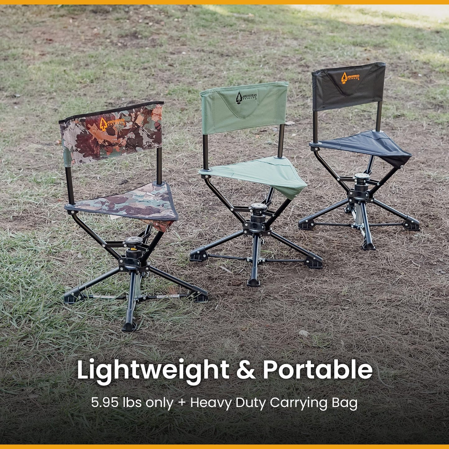 ARROWHEAD OUTDOOR 360° Degree Swivel Hunting Chair Stool Seat, Perfect for Blinds, No Sink Feet, Supports up to 450lbs, Carrying Case, Steel Frame, Fishing, High-Grade 600D Canvas