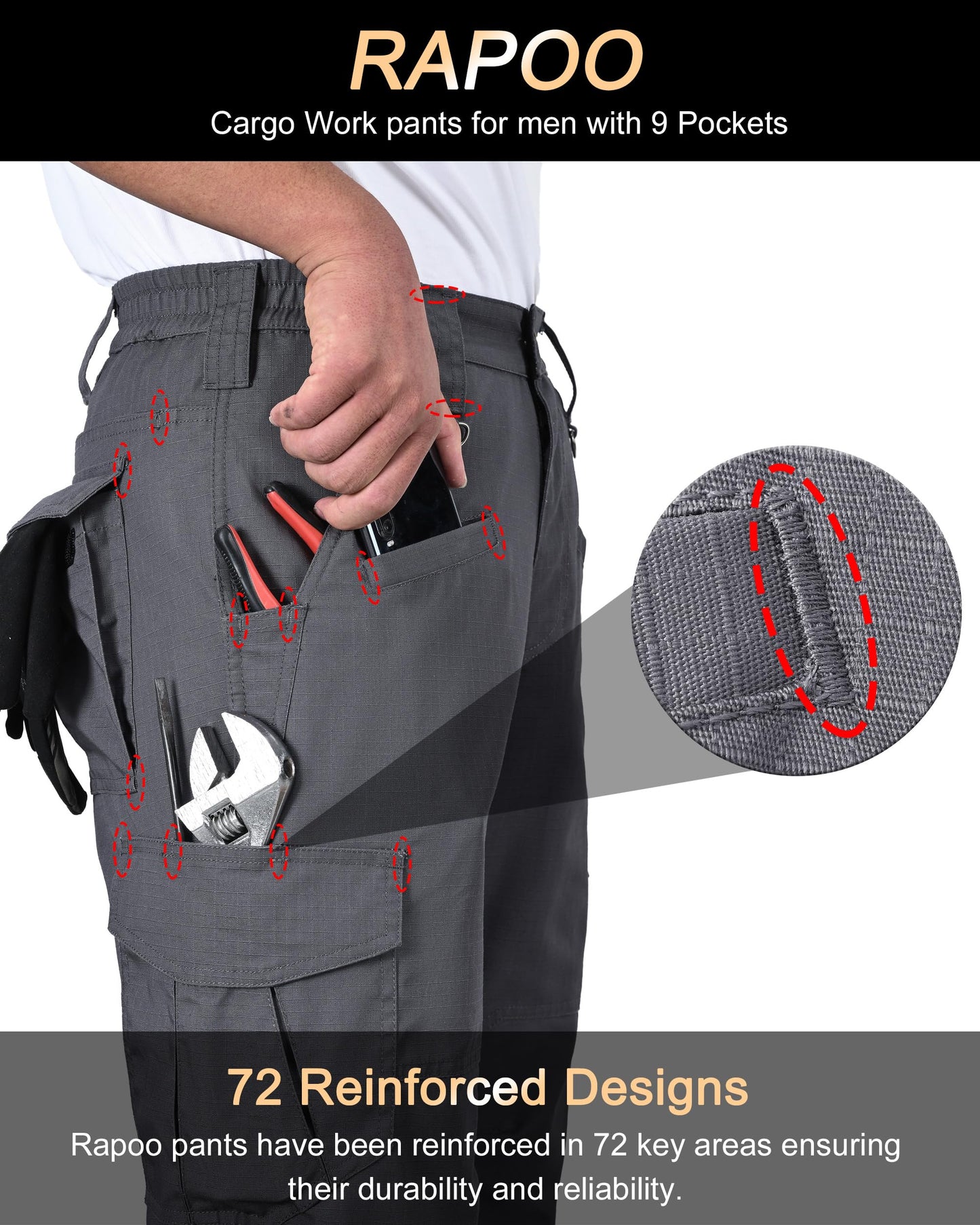 Rapoo Cargo Hiking Tactical Pants for Men Waterproof Work Military Army Casual Pants for Men with Pockets Mens Ripstop Construction Carpenter Hunting Outdoor Pants Outdoor Grey 34Wx32L