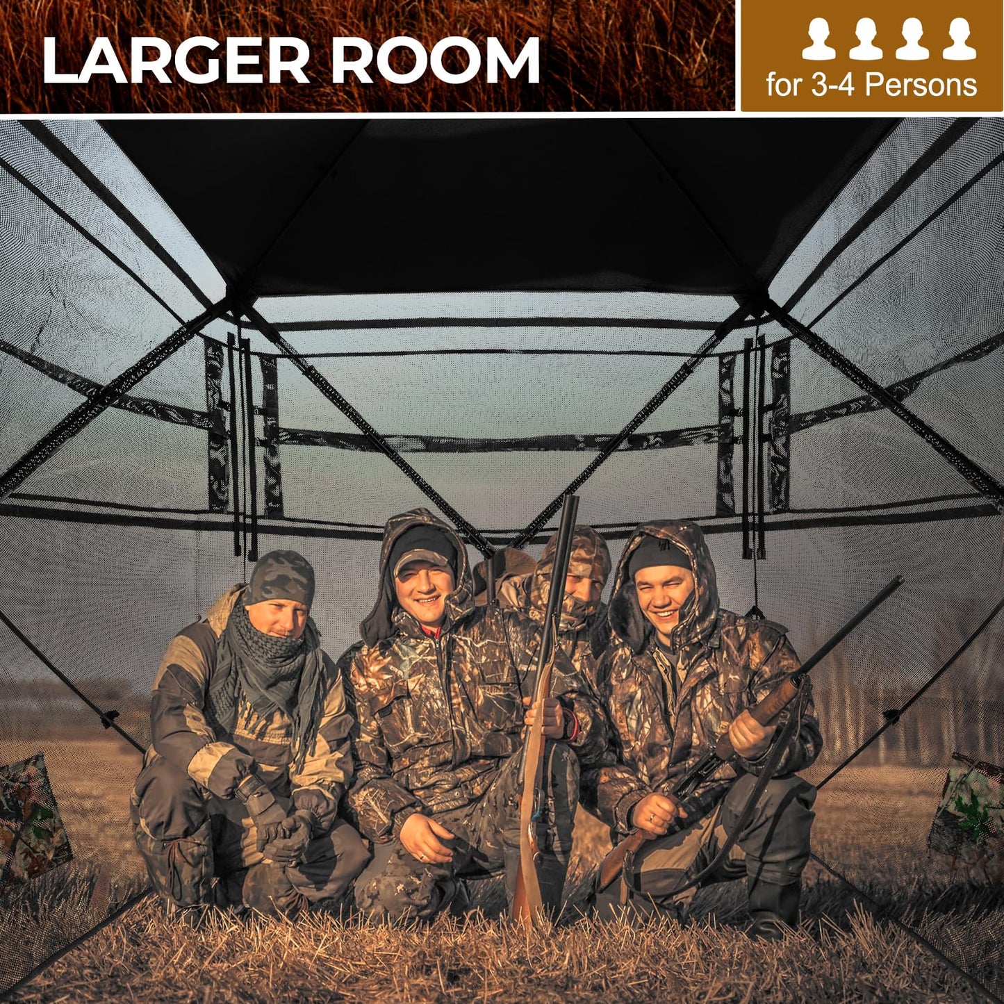 HUNTSEN Hunting Blind 270° See Through 3-4 Person Ground Blind Pop Up Deer Blind for Hunting with Carring Bag - Portable Durable Blind for Turkey and Deer Tent
