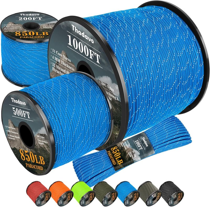 Reflective Paracord Rope - 850lb Heavy Duty 11 Strand Parachute Cord | 1000ft Blue for Camping, Hiking & DIY Crafts