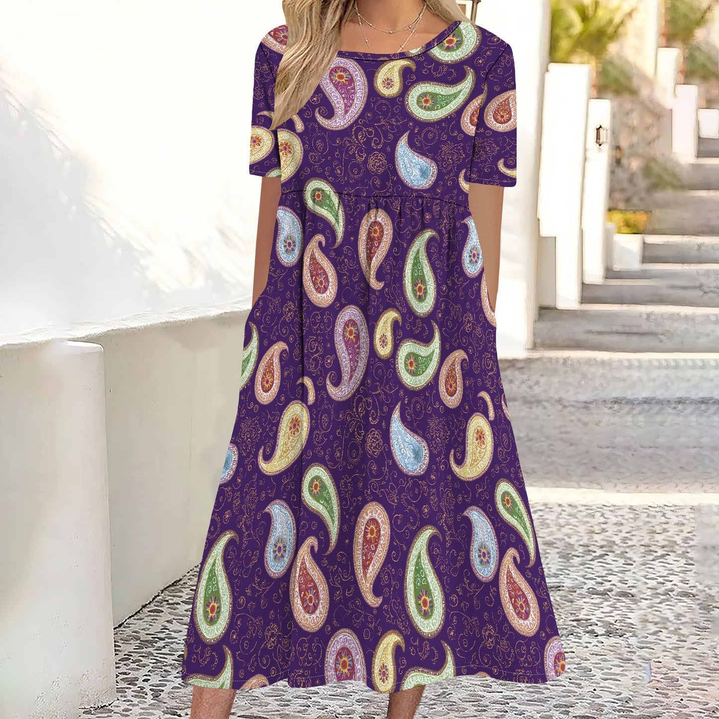 Medlor Womens Midi Dresses Casual Short Sleeves Scoop Neck Floral Print Flowy Beach Vacation Trendy Dress with Pocket for 2025 Summer
