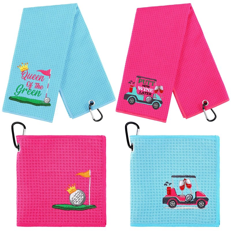 FuWeave 4 Pcs Golf Towels Golf Gifts for Men Women Embroidered Towels Retirement Gift for Dad Mam Grandpa Husband Golfer Party Accessory(Pink, Green,Cute)