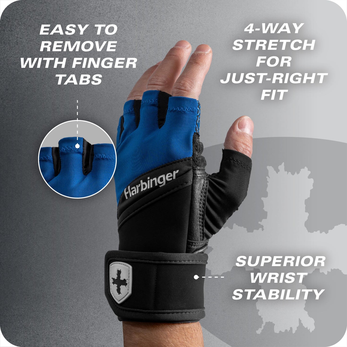 Harbinger Training Grip Wrist Wrap Gloves - Enhanced Grip & Wrist Support, Breathable Lycra Back, Padded Leather Palm, Half-Finger Design, Quick Pull Tabs, Ideal for Weightlifting, Blue, Large