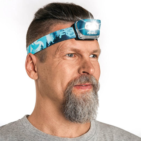 Foxelli LED Headlamp Flashlight for Adults & Kids, Running, Camping, Hiking Head Lamp with White & Red Light, Comfortable Headband, Lightweight & Waterproof, 3 AAA Batteries