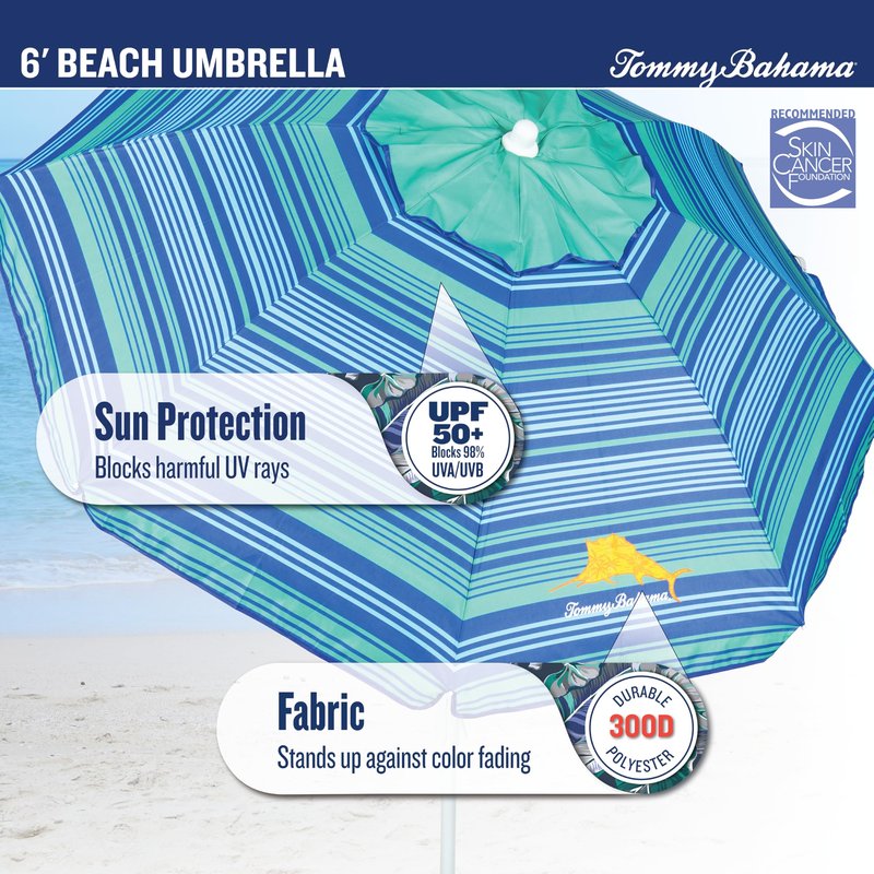 Tommy Bahama 6' UPF 50+ Tilt Beach Umbrella with Integrated Sand Anchor, Wind Vent, and Carry Bag, Multi Stripe